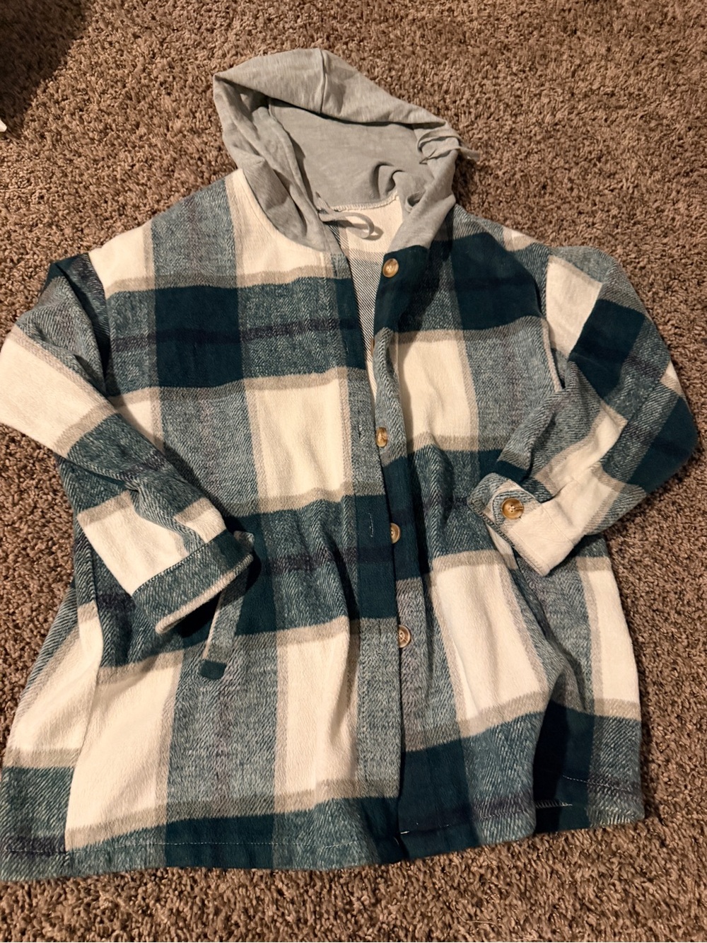Plaid Hooded Flannel Top - Teal & White